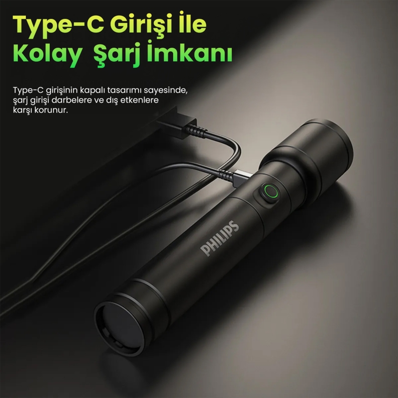 Philips SFL2124 250 Lümen 5W Led El Feneri Teleskopik Zoom Sos Modlu Metal Gövdeli Şarj Edilebilir Uzun Menzilli Flashlight - 2