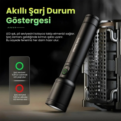 Philips SFL2124 250 Lümen 5W Led El Feneri Teleskopik Zoom Sos Modlu Metal Gövdeli Şarj Edilebilir Uzun Menzilli Flashlight - 6