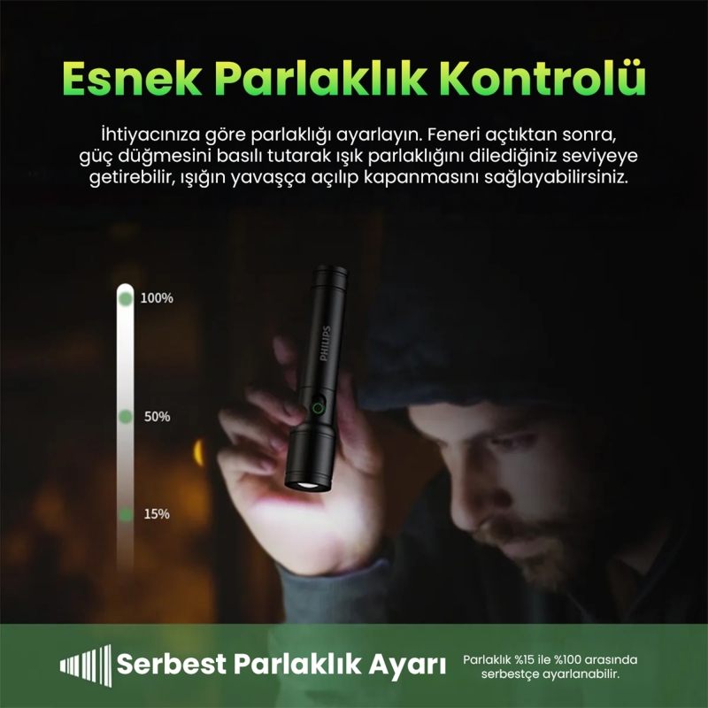 Philips SFL2124 250 Lümen 5W Led El Feneri Teleskopik Zoom Sos Modlu Metal Gövdeli Şarj Edilebilir Uzun Menzilli Flashlight - 7