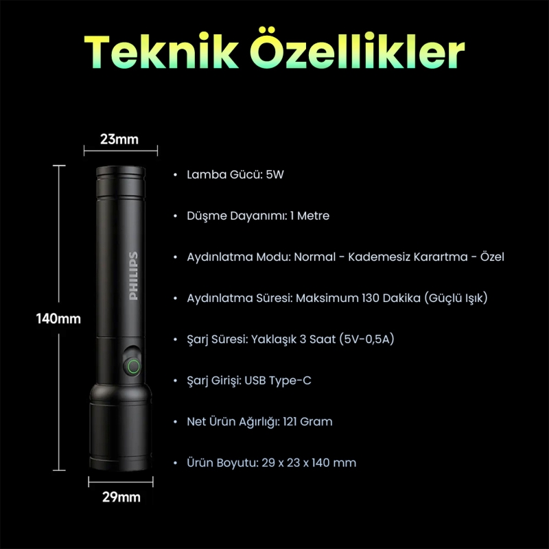 Philips SFL2124 250 Lümen 5W Led El Feneri Teleskopik Zoom Sos Modlu Metal Gövdeli Şarj Edilebilir Uzun Menzilli Flashlight - 9