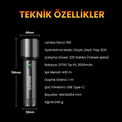 Philips SFL2203 450 Lümen 5W Led El Feneri Teleskopik Zoom Sos Modlu Metal Gövdeli Şarj Edilebilir Uzun Menzilli Flashlight - 9