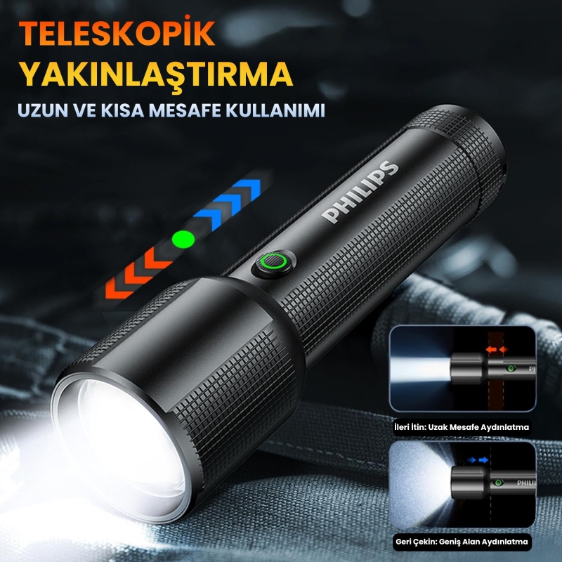 Philips SFL2203 450 Lümen 5W Led El Feneri Teleskopik Zoom Sos Modlu Metal Gövdeli Şarj Edilebilir Uzun Menzilli Flashlight - 4