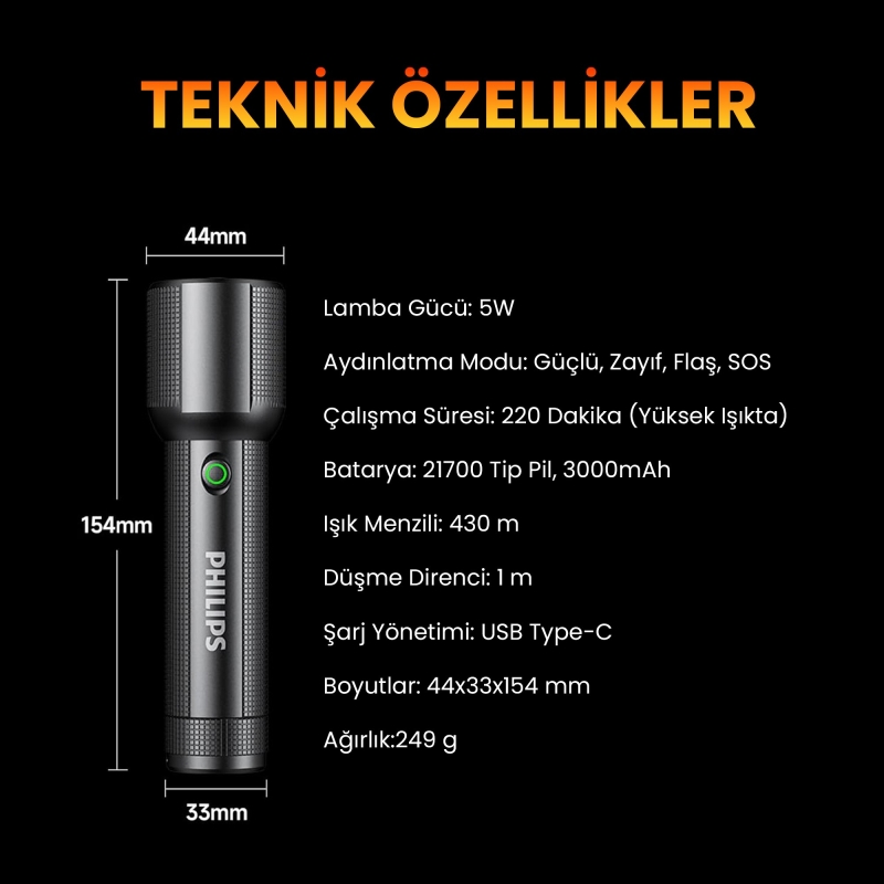 Philips SFL2203 450 Lümen 5W Led El Feneri Teleskopik Zoom Sos Modlu Metal Gövdeli Şarj Edilebilir Uzun Menzilli Flashlight - 9