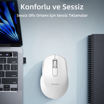 Philips SPK7448 Bluetooth 5.2 ve 2.4GHz 1600DPI Sessiz Optik Kablosuz Mouse Beyaz - 4