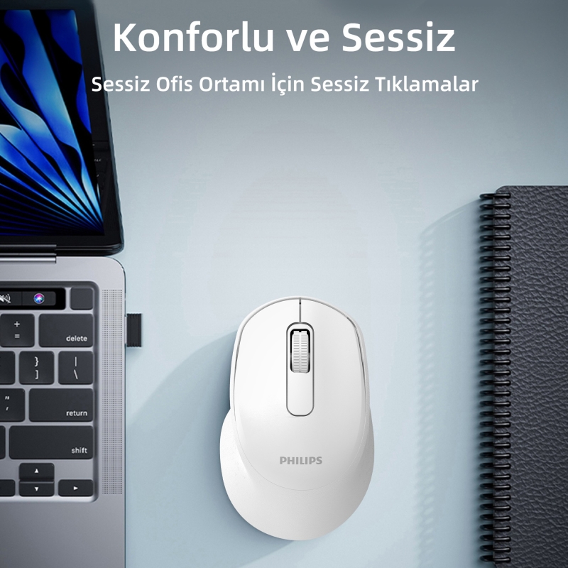 Philips SPK7448 Bluetooth 5.2 ve 2.4GHz 1600DPI Sessiz Optik Kablosuz Mouse Beyaz - 4