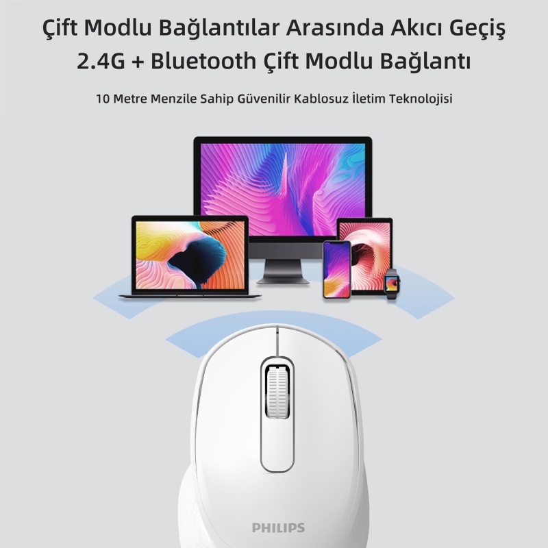 Philips SPK7448 Bluetooth 5.2 ve 2.4GHz 1600DPI Sessiz Optik Kablosuz Mouse Beyaz - 3