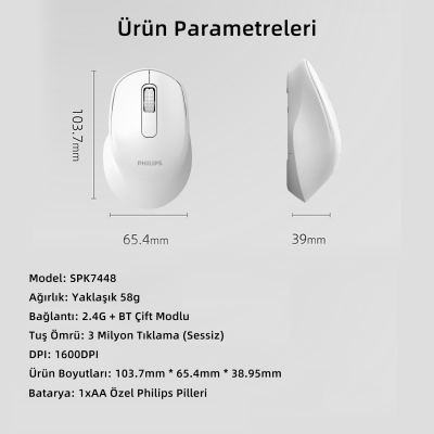 Philips SPK7448 Bluetooth 5.2 ve 2.4GHz 1600DPI Sessiz Optik Kablosuz Mouse Beyaz - 7