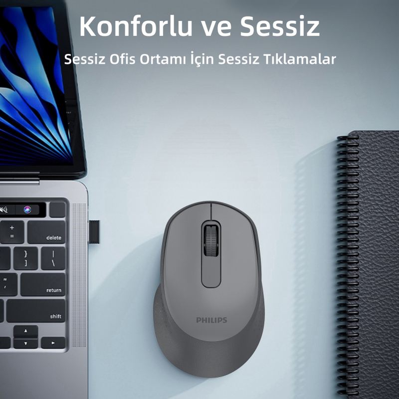 Philips SPK7448 Bluetooth 5.2 ve 2.4GHz 1600DPI Sessiz Optik Kablosuz Mouse Gri - 4