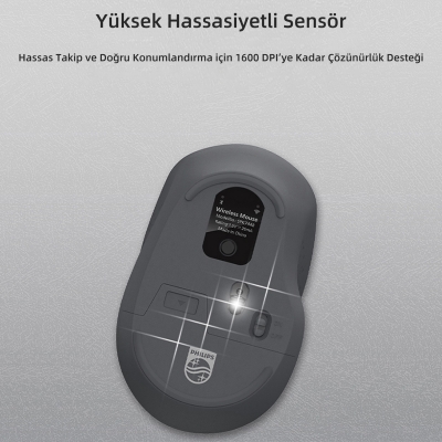 Philips SPK7448 Bluetooth 5.2 ve 2.4GHz 1600DPI Sessiz Optik Kablosuz Mouse Gri - 5