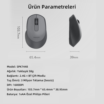 Philips SPK7448 Bluetooth 5.2 ve 2.4GHz 1600DPI Sessiz Optik Kablosuz Mouse Gri - 8