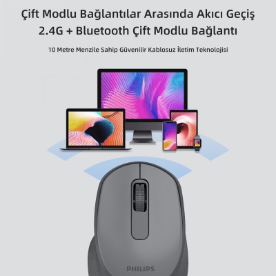 Philips SPK7448 Bluetooth 5.2 ve 2.4GHz 1600DPI Sessiz Optik Kablosuz Mouse Gri - 3