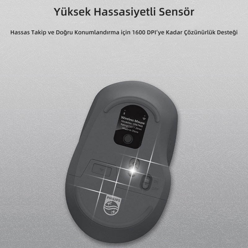 Philips SPK7448 Bluetooth 5.2 ve 2.4GHz 1600DPI Sessiz Optik Kablosuz Mouse Gri - 5
