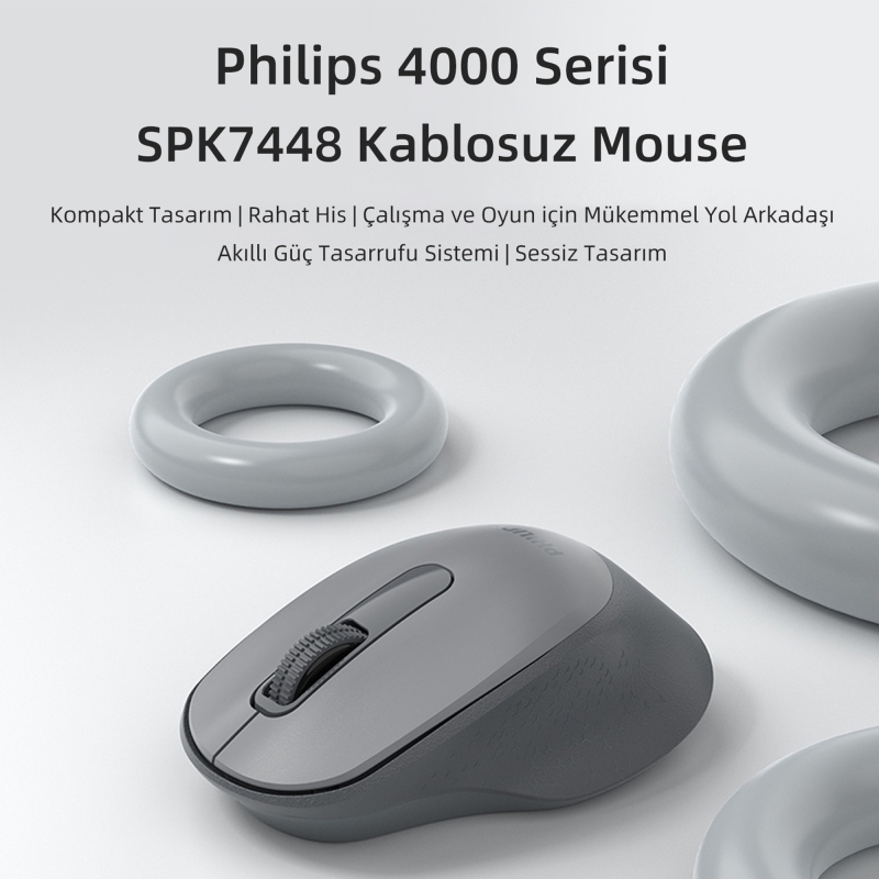Philips SPK7448 Bluetooth 5.2 ve 2.4GHz 1600DPI Sessiz Optik Kablosuz Mouse Gri - 2
