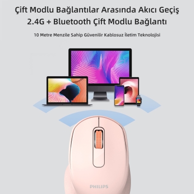 Philips SPK7448 Bluetooth 5.2 ve 2.4GHz 1600DPI Sessiz Optik Kablosuz Mouse Pembe - 3