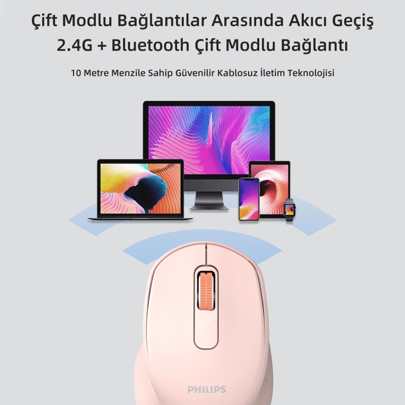 Philips SPK7448 Bluetooth 5.2 ve 2.4GHz 1600DPI Sessiz Optik Kablosuz Mouse Pembe - 3