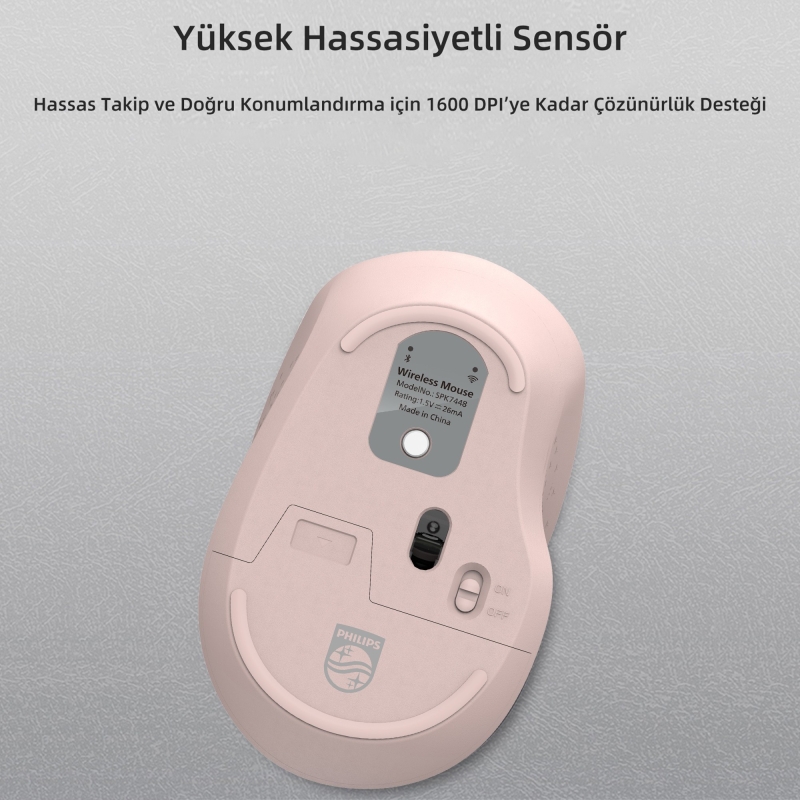 Philips SPK7448 Bluetooth 5.2 ve 2.4GHz 1600DPI Sessiz Optik Kablosuz Mouse Pembe - 5