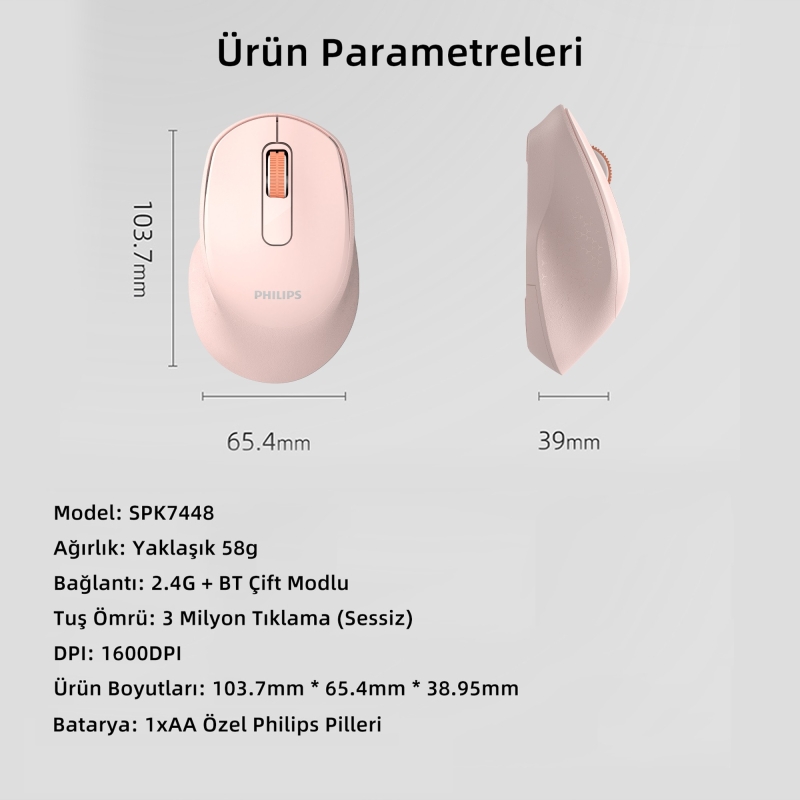 Philips SPK7448 Bluetooth 5.2 ve 2.4GHz 1600DPI Sessiz Optik Kablosuz Mouse Pembe - 8