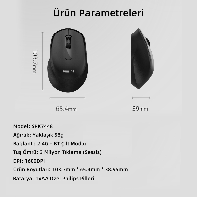 Philips SPK7448 Bluetooth 5.2 ve 2.4GHz 1600DPI Sessiz Optik Kablosuz Mouse Siyah - 8