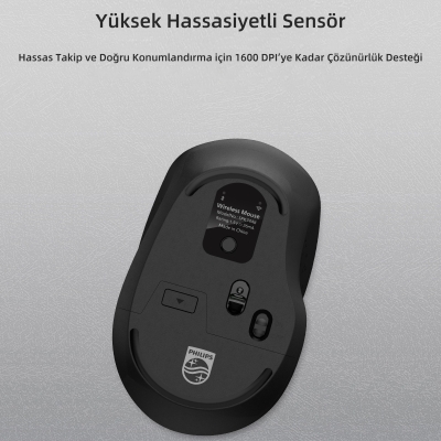 Philips SPK7448 Bluetooth 5.2 ve 2.4GHz 1600DPI Sessiz Optik Kablosuz Mouse Siyah - 5