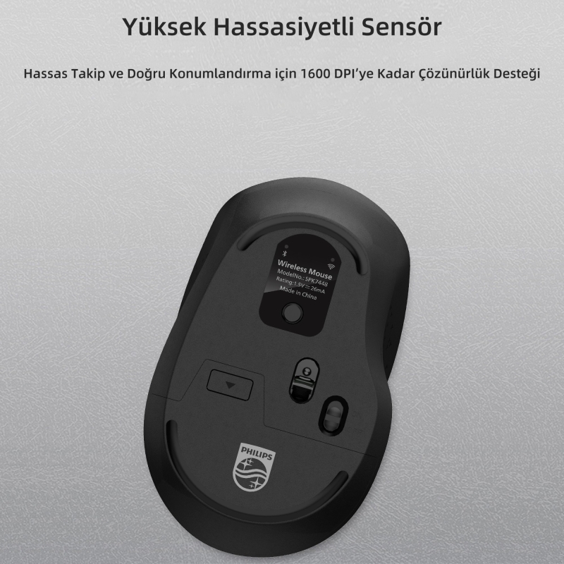 Philips SPK7448 Bluetooth 5.2 ve 2.4GHz 1600DPI Sessiz Optik Kablosuz Mouse Siyah - 5