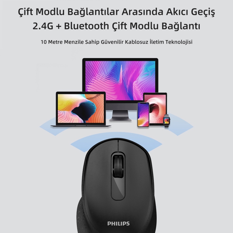 Philips SPK7448 Bluetooth 5.2 ve 2.4GHz 1600DPI Sessiz Optik Kablosuz Mouse Siyah - 3