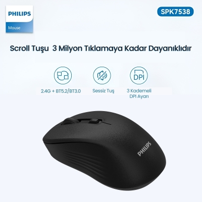 Philips SPK7538 Bluetooth 5.2 ve 2.4GHz 1600DPI Sessiz Optik Kablosuz Mouse Siyah - 2