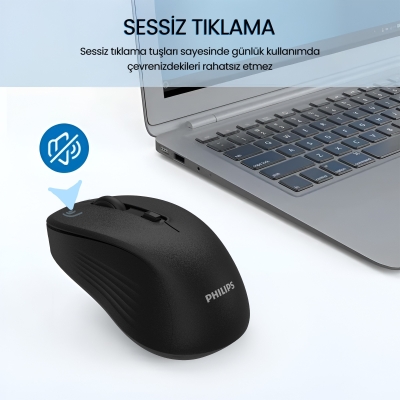 Philips SPK7538 Bluetooth 5.2 ve 2.4GHz 1600DPI Sessiz Optik Kablosuz Mouse Siyah - 4