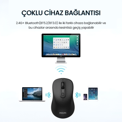 Philips SPK7538 Bluetooth 5.2 ve 2.4GHz 1600DPI Sessiz Optik Kablosuz Mouse Siyah - 3