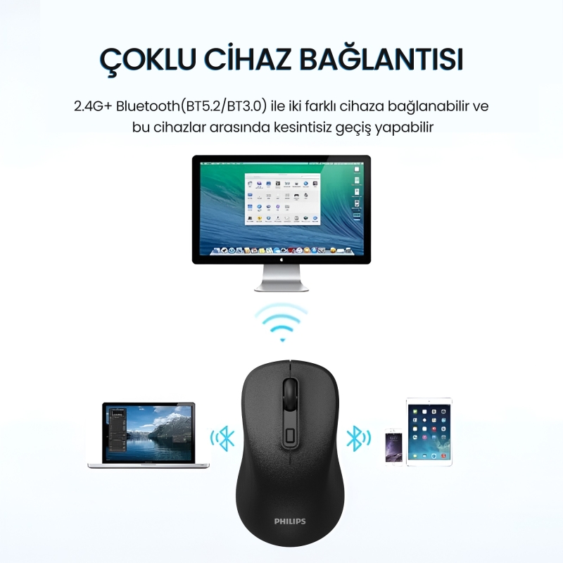 Philips SPK7538 Bluetooth 5.2 ve 2.4GHz 1600DPI Sessiz Optik Kablosuz Mouse Siyah - 3