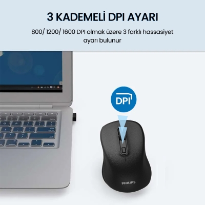 Philips SPK7538 Bluetooth 5.2 ve 2.4GHz 1600DPI Sessiz Optik Kablosuz Mouse Siyah - 5