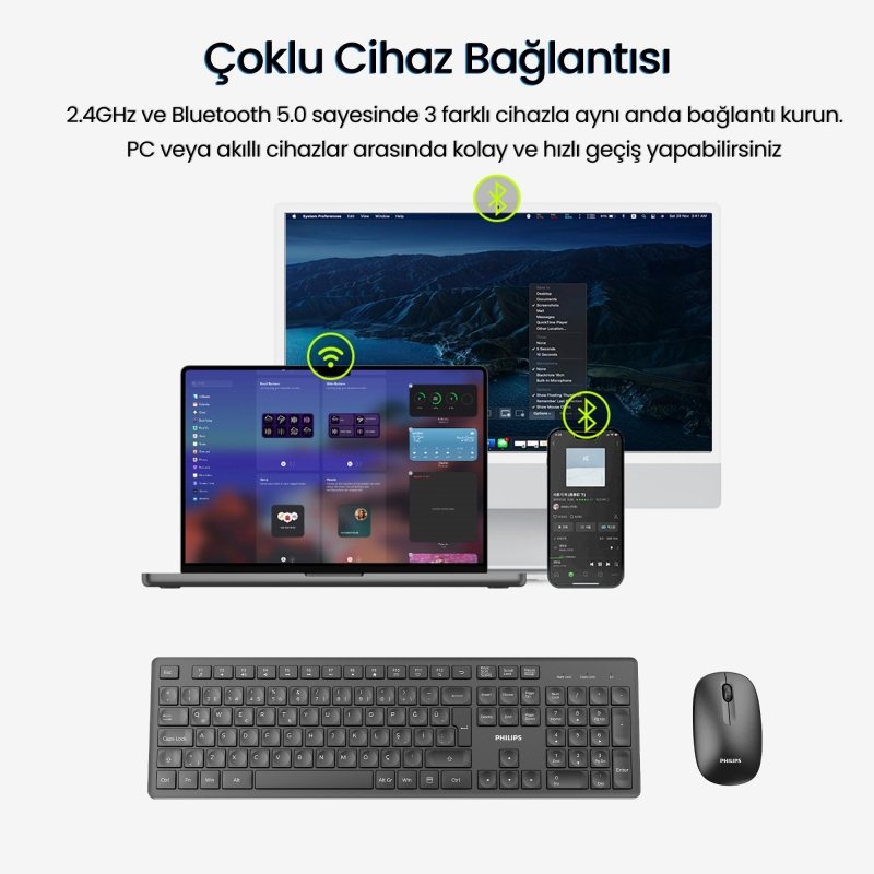 Philips SPT6318 2.4GHz Kablosuz Multimedia Sessiz Türkçe Q Klavye Mouse Seti Siyah - 2