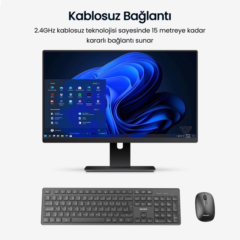 セット、で付いてきます Philips SPT6318 2.4GHz Kablosuz Multimedia Sessiz Türkçe Q Klavye