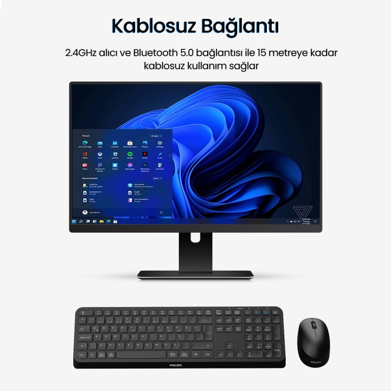 Philips SPT6407 Bluetooth 5.0 ve 2.4GHz Kablosuz Sessiz Türkçe Q Klavye Mouse Seti Siyah - 2