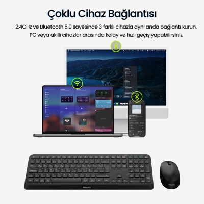 Philips SPT6407 Bluetooth 5.0 ve 2.4GHz Kablosuz Sessiz Türkçe Q Klavye Mouse Seti Siyah - 3