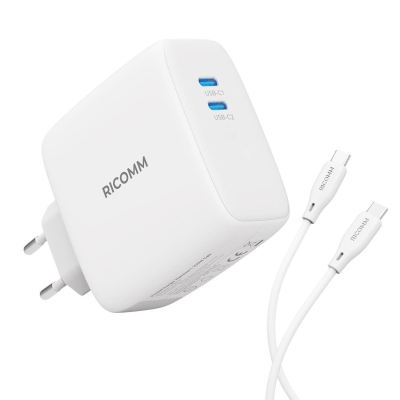 Ricomm 100W GaN 2 Portlu USB-C Şarj Aleti QC5.0 PD Type-C Hızlı Şarj Cihazı + 100W Şarj Kablosu - Ricomm