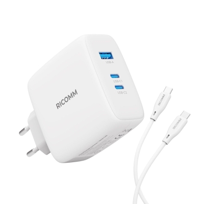 Ricomm 100W GaN 3 Portlu USB-C + USB-A Şarj Aleti QC5.0 PD Type-C Hızlı Şarj Cihazı + 100W Şarj Kablosu - Ricomm