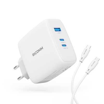 Ricomm 120W GaN 3 Portlu USB-C + USB-A QC3.0 PPS Hızlı Şarj Aleti + Type-C to Type-C 100W Şarj Kablosu - Ricomm