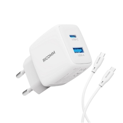 Ricomm 25W GaN USB-C + USB-A Şarj Aleti PPS PD Hızlı Şarj Cihazı + 2 Metre Type-C 60W Şarj Kablosu - Ricomm