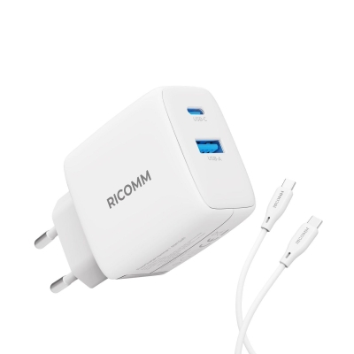Ricomm 65W GaN USB-C + USB-A Şarj Aleti Apple & Samsung Hızlı Şarj Cihazı + 2MT 100W Type-C Kablo - Ricomm