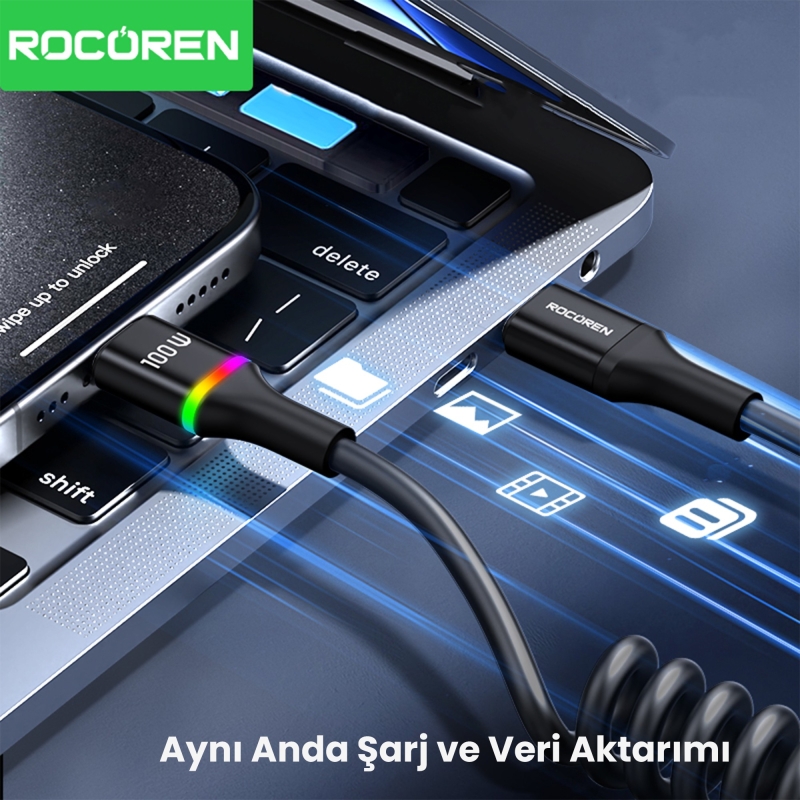 Rocoren 100W 5A E-Marker Çipli Spiral Type-C to Type-C Hızlı Şarj ve Data Kablosu 1.6 Metre - 3