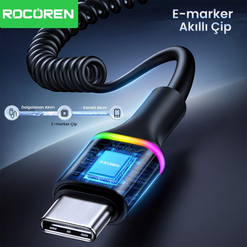 Rocoren 100W 5A E-Marker Çipli Spiral Type-C to Type-C Hızlı Şarj ve Data Kablosu 1.6 Metre - 5