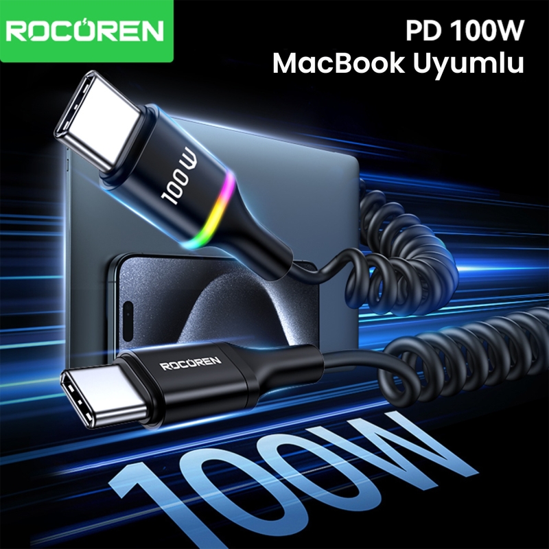 Rocoren 100W 5A E-Marker Çipli Spiral Type-C to Type-C Hızlı Şarj ve Data Kablosu 1.6 Metre - 2