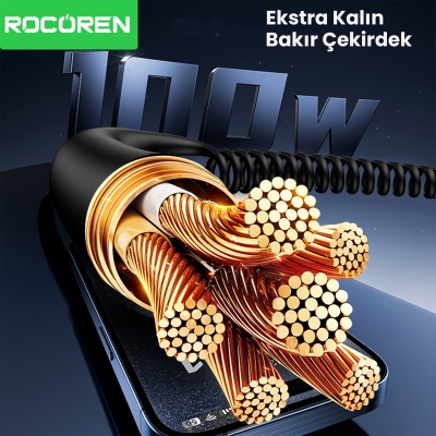 Rocoren 100W 5A E-Marker Çipli Spiral Type-C to Type-C Hızlı Şarj ve Data Kablosu 1.6 Metre - 4