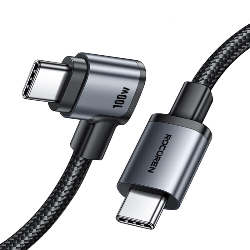 Rocoren 100W Type-C to Type-C 90° Örgülü PD Hızlı Şarj ve Data Kablosu 2 Metre - 1