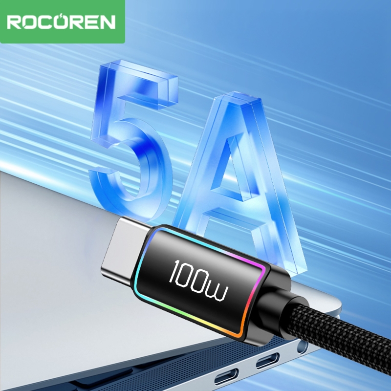 Rocoren 100W Type-C to Type-C RGB Aydınlatmalı Örgülü Şarj ve Data Kablosu 1 Metre - 2