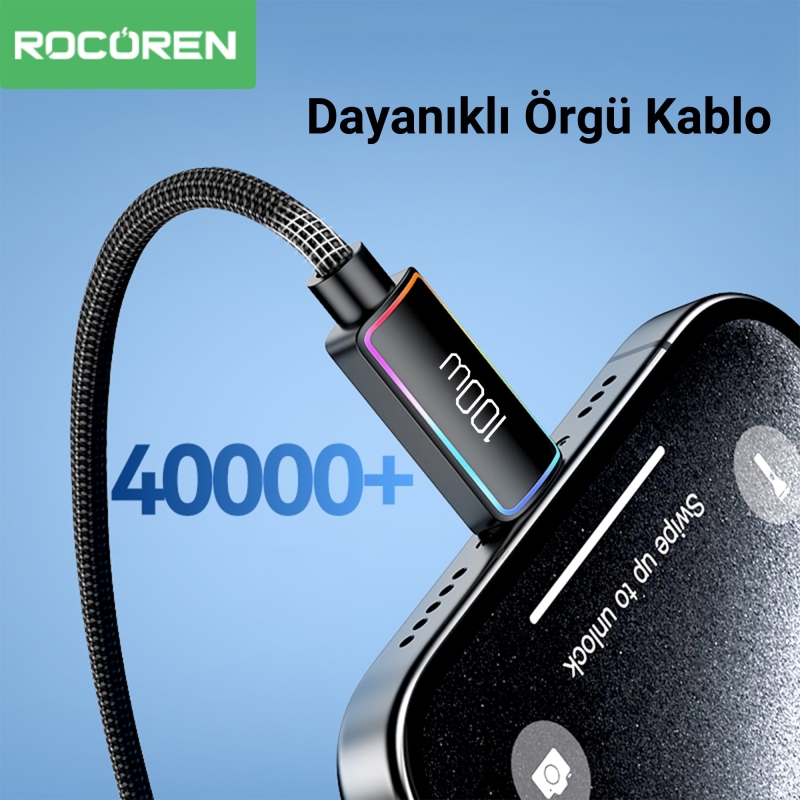 Rocoren 100W Type-C to Type-C RGB Aydınlatmalı Örgülü Şarj ve Data Kablosu 1 Metre - 6