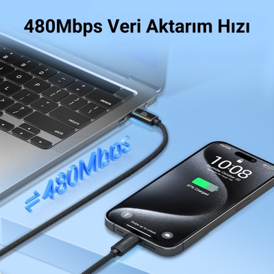 Rocoren 100W Type-C to Type-C RGB Aydınlatmalı Örgülü Şarj ve Data Kablosu 2 Metre - 4
