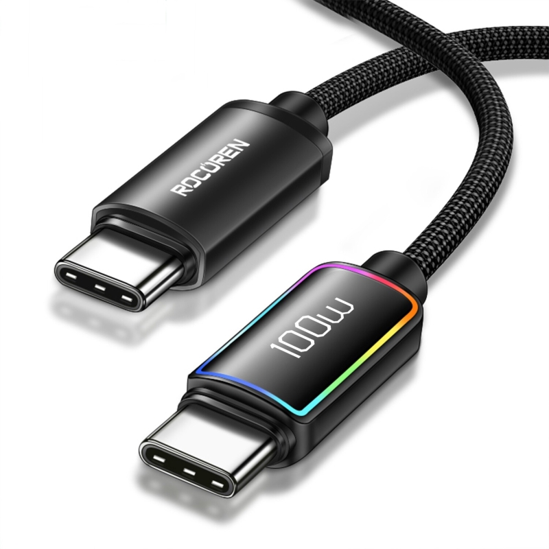 Rocoren 100W Type-C to Type-C RGB Aydınlatmalı Örgülü Şarj ve Data Kablosu 2 Metre - 1