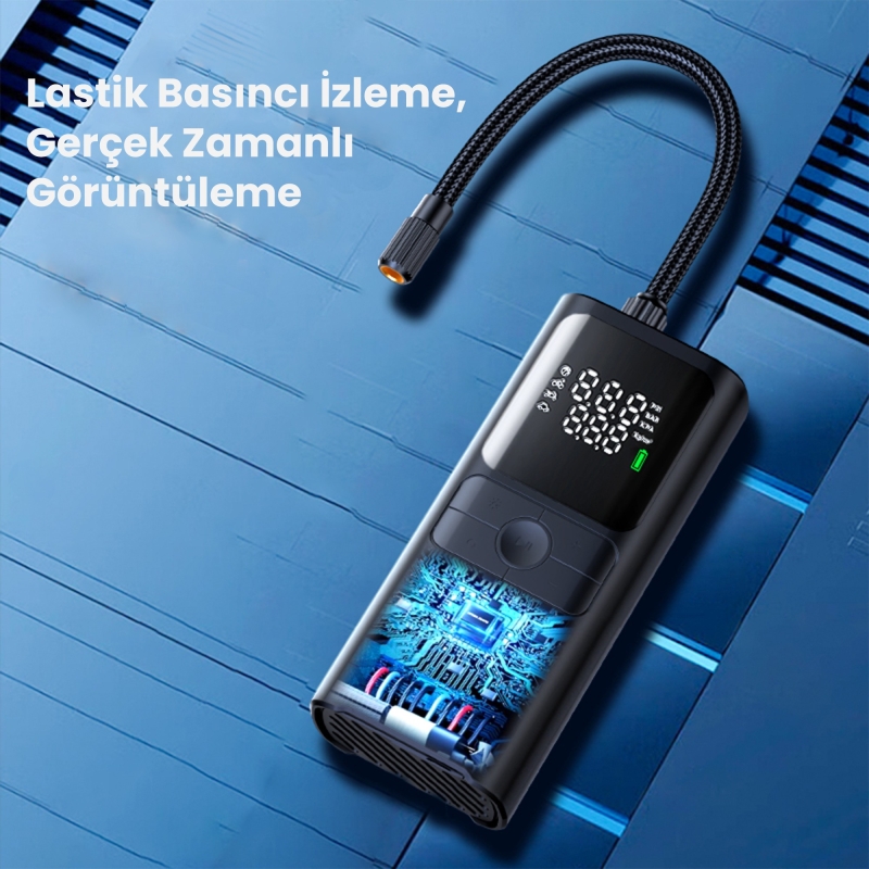 Rocoren 150PSI 4000mAh Şarjlı Taşınabilir Hava Pompası Araç Lastik, Bisiklet, Top Şişirme (Powerbank+Led Lamba+Lcd Ekran) - 4