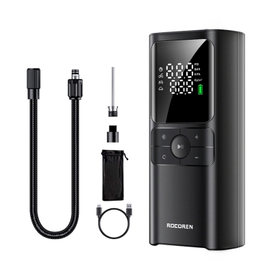 Rocoren 150PSI 4000mAh Şarjlı Taşınabilir Hava Pompası Araç Lastik, Bisiklet, Top Şişirme (Powerbank+Led Lamba+Lcd Ekran) - Rocoren